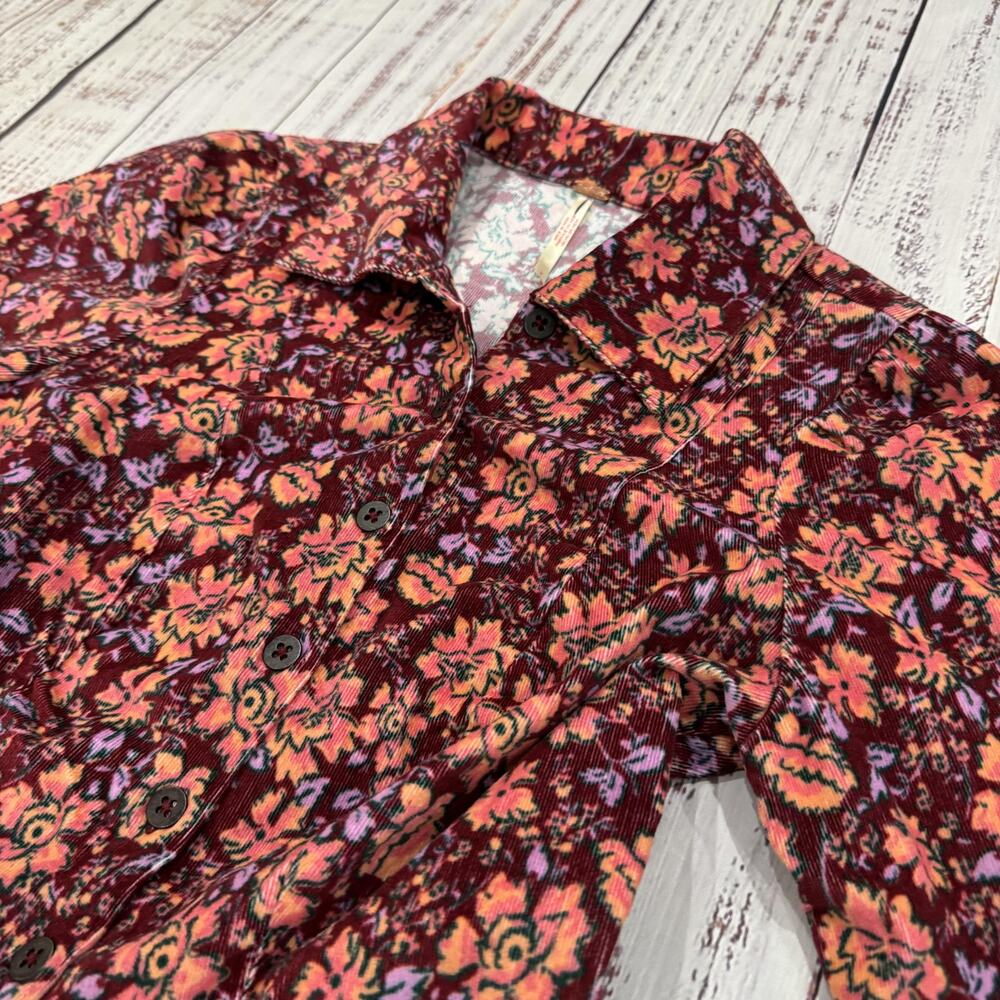 Free People Harper Floral Corduroy Mini Dress Sleeve Button Cotton Women's 2 - Picture 3 of 12